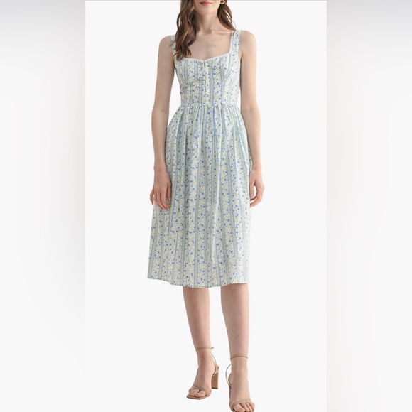 Lush Dresses & Skirts - Lush Pale Yellow Floral Midi Dress with Blue Print